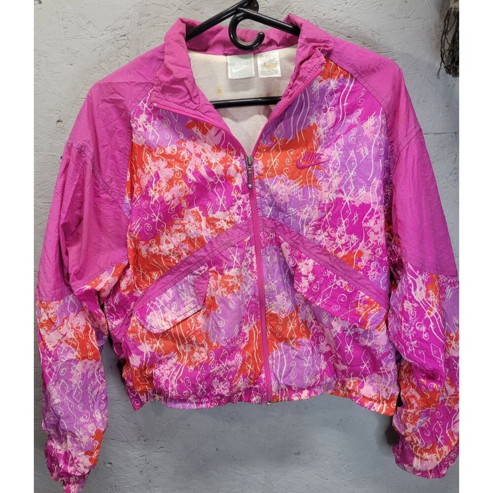 Vtg Nike Pink Spell Out Swoosh Abstract Print Jacket 90s Women’s SZ M 10/12‎
